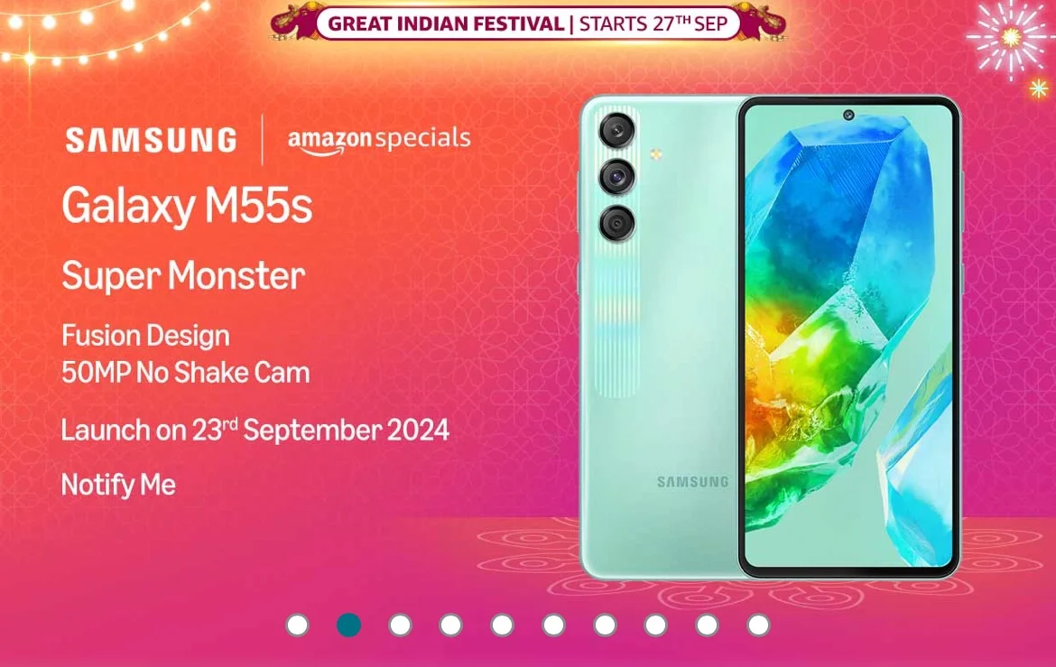 海報(bào)顯示三星 9 月 23 日在印度推出 Galaxy M55s 手機(jī)，不懼反壟斷仍亞馬遜獨(dú)家銷售